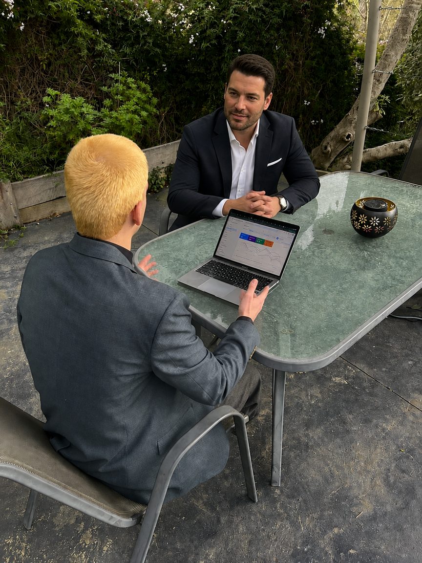 Going through a new website design on a laptop with a client, outdoors at a table.