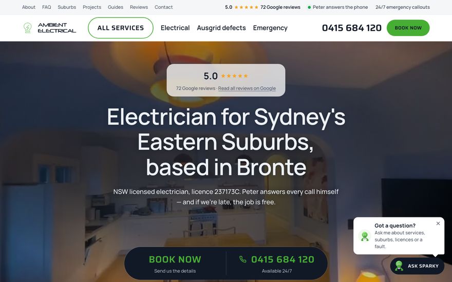 Home page of the Ambient Electrical website, with the heading Electrician for Sydney's Eastern Suburbs, based in Bronte