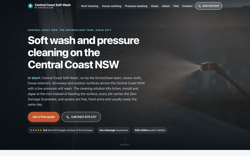 Home page of the Central Coast Soft Wash website, with the heading Soft wash and pressure cleaning on the Central Coast NSW