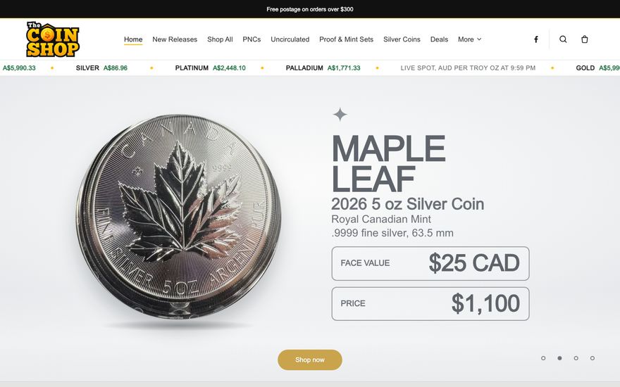 Home page of The Coin Shop online store, showing a silver Maple Leaf coin and live metal spot prices